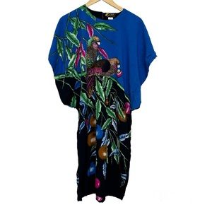 VTG Elok Kaftan Blue Floral Muumuu‎ Hippie Boho Love Birds Dress Women’s OS